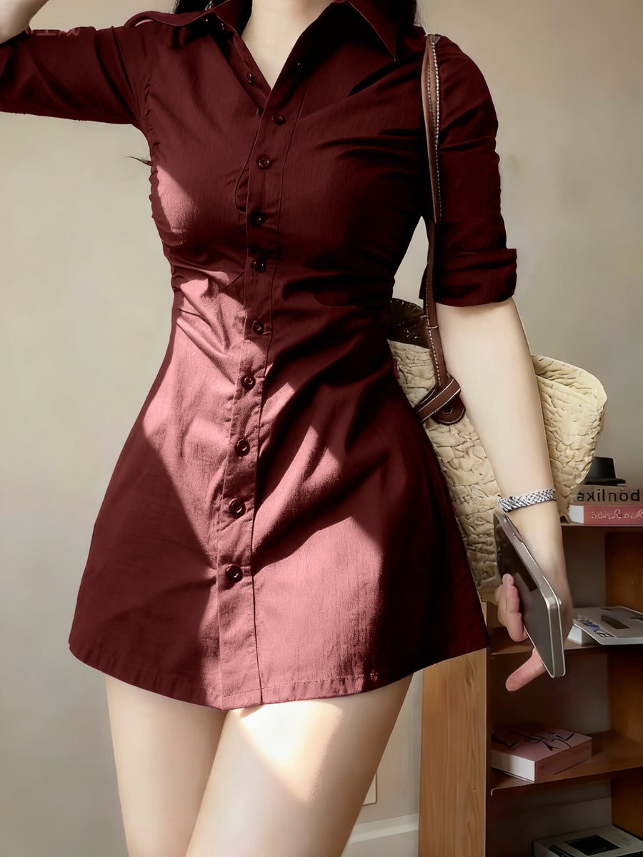 Waist- And Single-Breasted Solid Color Shirt Dress, Suitable for Dating And Commuting - Burgundy