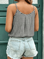Elegant Pleated Camisole Top, Summer Plaid Print Cami Vest for Women, Vacation Style, Loose-Fitting Top for Beach Outings or Layering - Black