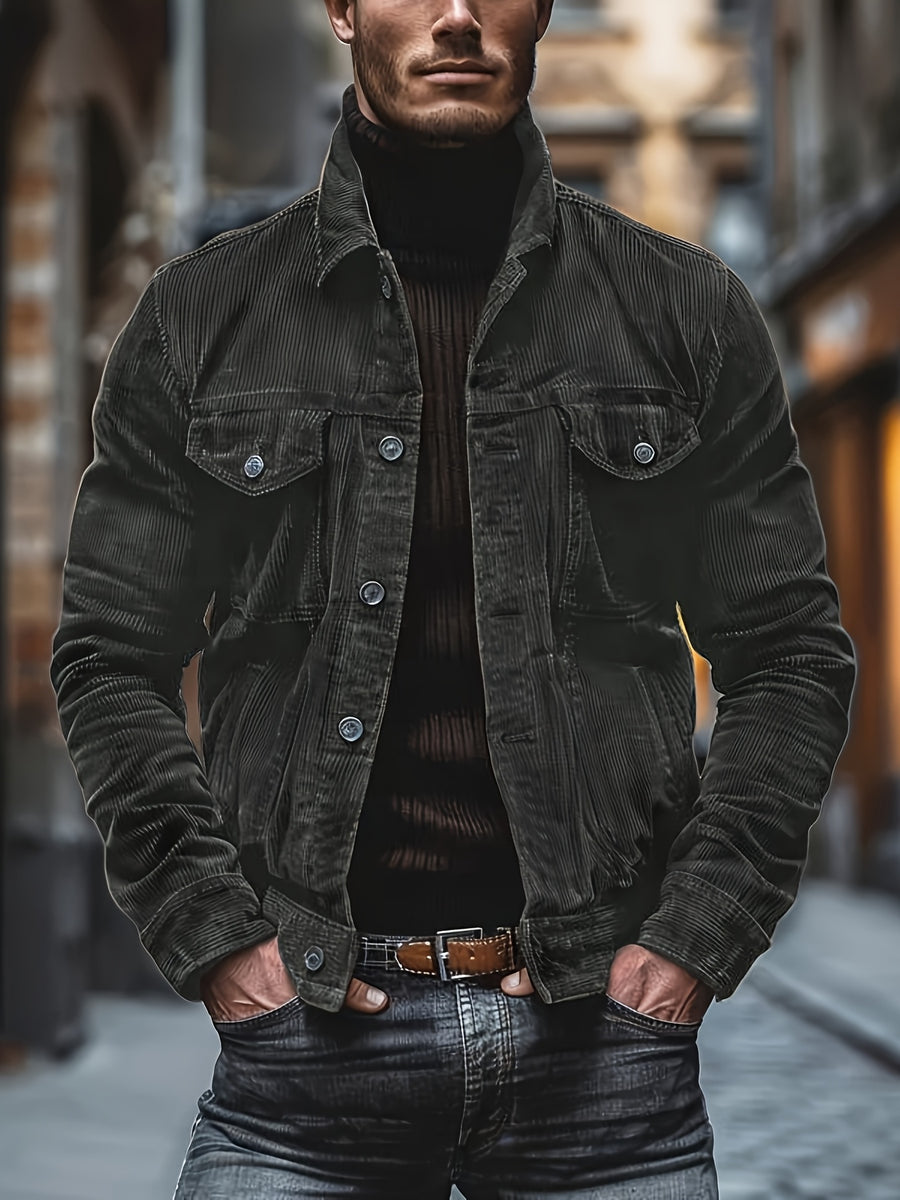 Men's Casual Long-Sleeve Shirt, Autumn/Winter Loose Fit Simple Solid Color Corduroy Layering Flannel Shirt, Vintage Style Top - Grey