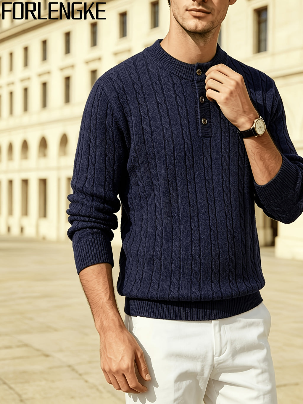 FORLENGKE Men's Stretchable Henley Sweater Button-Front Collar Pullover - Solid Color Cable Knit Sweater Suitable for Work & Gatherings, Winter Warmth, Casual Round Neck Button Detail Knitwear for Young Men, Dry Cleanable - Shangqing