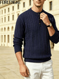 FORLENGKE Men's Stretchable Henley Sweater Button-Front Collar Pullover - Solid Color Cable Knit Sweater Suitable for Work & Gatherings, Winter Warmth, Casual Round Neck Button Detail Knitwear for Young Men, Dry Cleanable - Shangqing