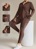 Plus Size Women's Tracksuit (Jacket + Leggings) | Zipper Pockets, Stand Collar, Contrast Stitching | Casual Yoga, Fashion Streetwear, Outdoor Running, Sports, Tennis, Golf, Commute | Elegant, Gift Idea - Coffee Color
