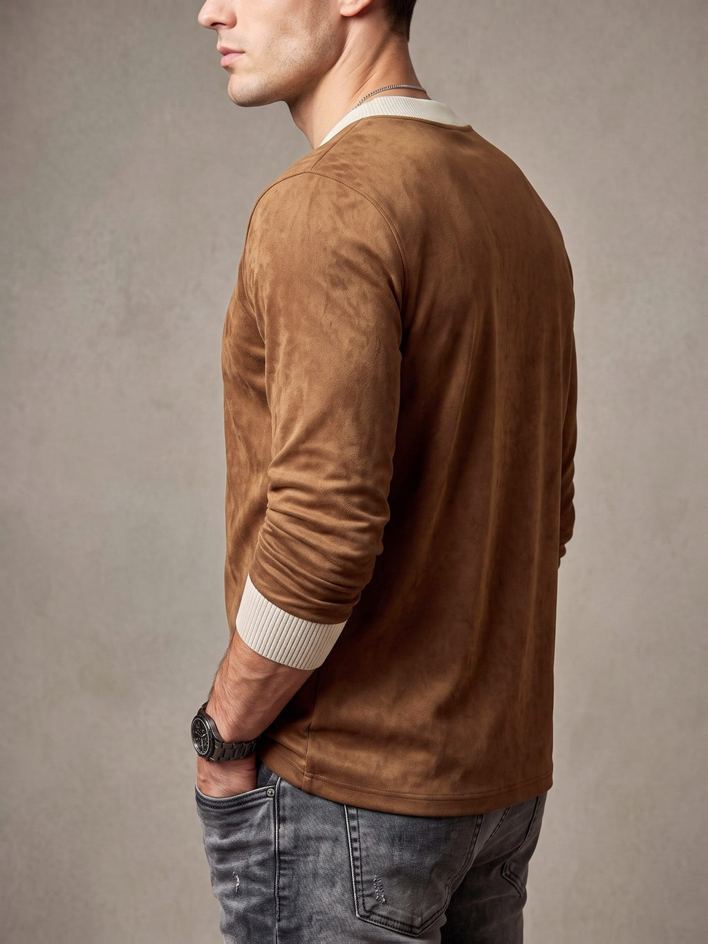 V-neck Long Sleeve T-shirt for Men, New Autumn/Winter Style, Inner Layer Top - Chocolate