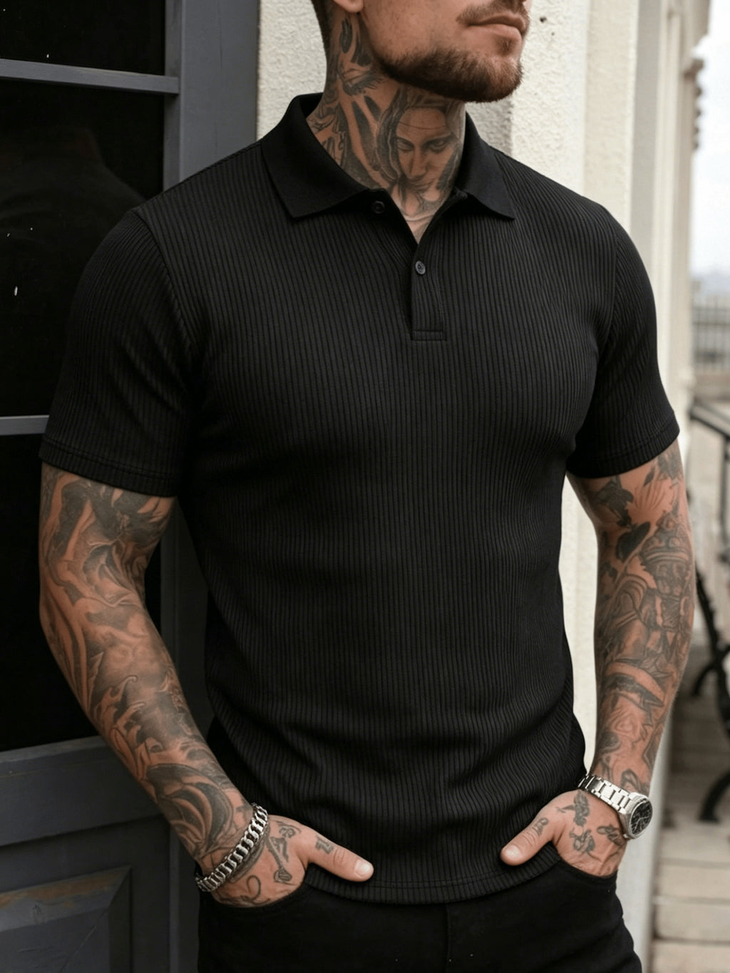 Men'S Classic Polo Shirt, Double-Button Closed Texture Shirt, Summer Fashion Golf Shirt, Casual Sportswear, Lightweight And Breathable, Vertical Stripe Design, 80% Polyester 20% Spandex, Ice-Sense High-Elastic Fabric - Black