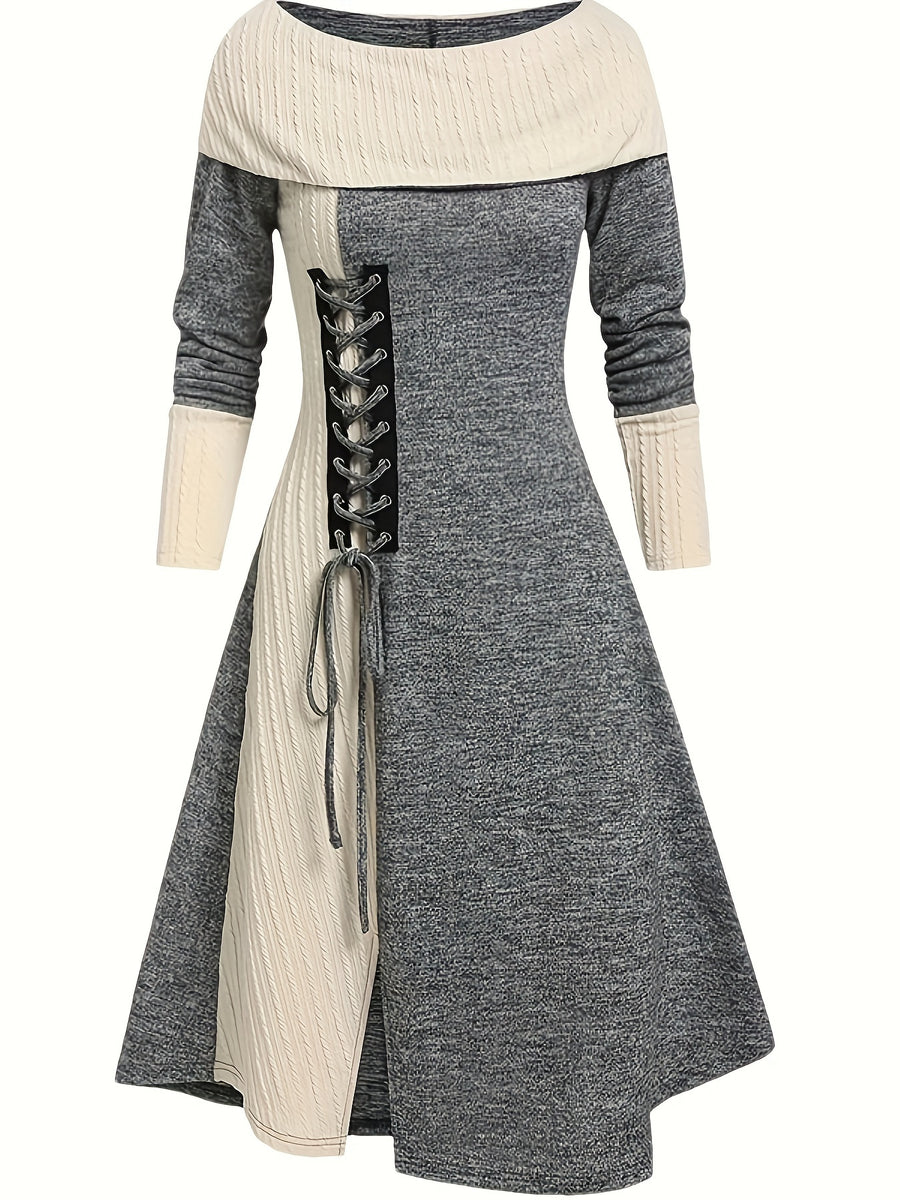Women'S Fashion Casual Elegant Solid Color Contrast Dress - Dark Gray