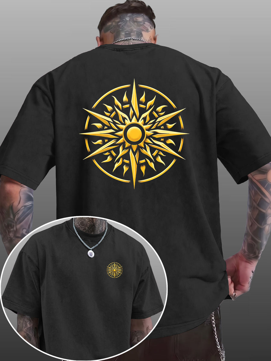 Men's Short-Sleeve T-Shirt, Pure Cotton Loose Fit Washed Distressed Top, Golden Compass Sun Pattern Trendy Reversible Double-Sided Print, Multiple Colors for  Mix & Match, American Streetwear High Street Hip-Hop Style, for Daily Outings - Black