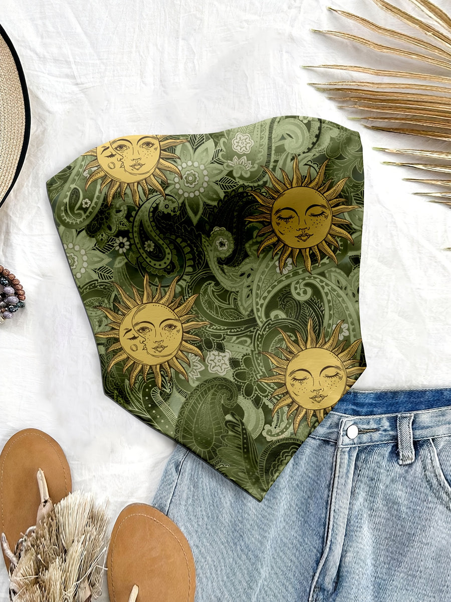 Women'S Spring/Summer New Brand Special Boho Beach Tropical Vacation Outfits | Retro Sun Pattern Print Slim Fit Bustier Crop Tops with Asymmetrical Bandeau Collar - Dark Green