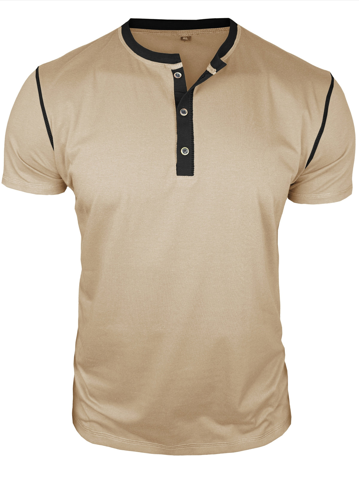 Men's Summer Short-Sleeve Henley Shirt, Fashionable Casual Solid Color T-Shirt, Versatile Everyday Top - Khaki