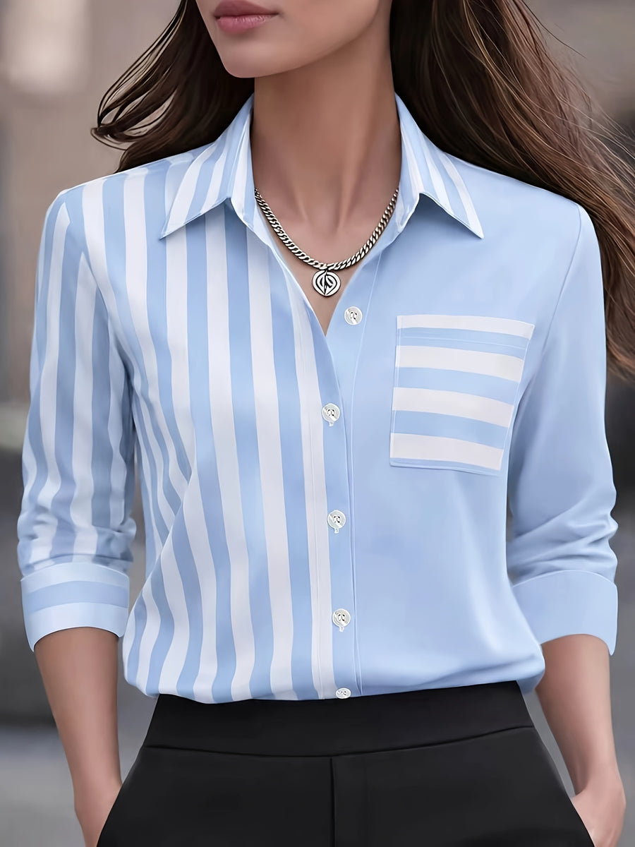 Fashion Women'S Clothing, Striped Lapel Shirt, Women'S Long Sleeve Striped Pocket Commuter Temperament Top - Light Blue