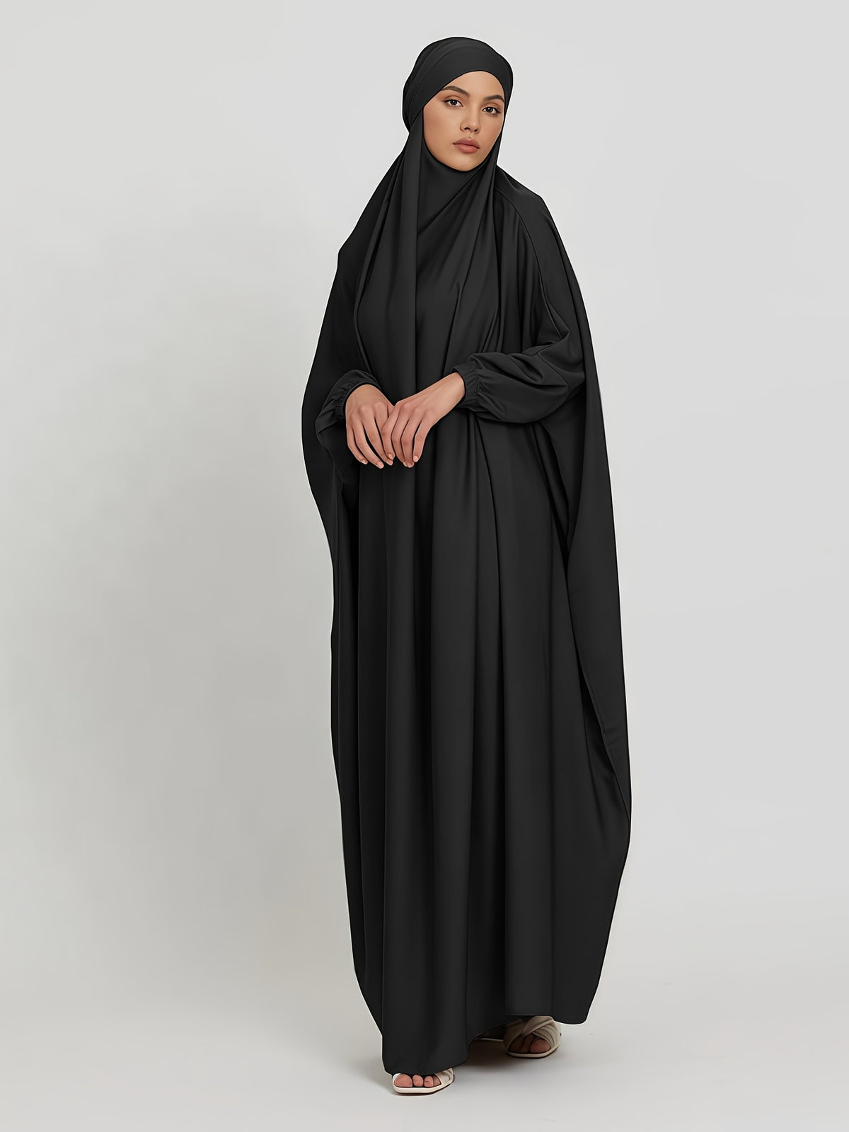1pc Jilbab, 1pc Khimar with a Rich Drape, Cuffed Sleeves, and a Loose Fit, Suitable for Busy Daily Wear or Worship - Black