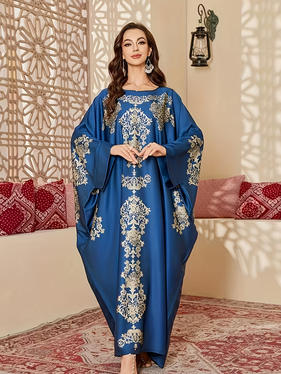 Plus Size, Women's Paisley Print Robe Dress - Long Batwing Sleeves & Maxi Length, Middle Eastern Elegant Gown for Wedding Guest, Party, Cultural Events (Non-Stretch Suitable for Spring/Fall) - Royal Blue