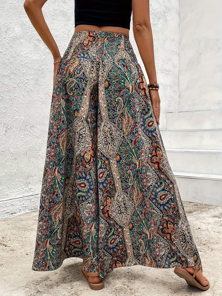 Directed Bohemian Paisley Elastic Waist Pants Skirt Casual Loose Wide Leg Pants - Mixed colors