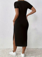 Women's Spring/Summer New Slim-Fit Slit S Dress, Fashion Print Short-Sleeve Dress - Black