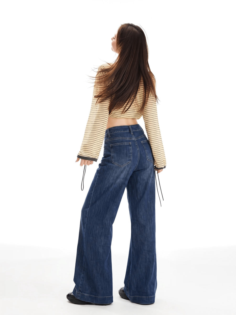 Blue High-Waist Wide-Leg Straight Flare Jeans Loose Drapey Long Trousers Women - Blue