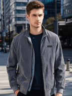 Men's Vertical Stripe Corduroy Stand Collar Jacket for Spring/Autumn, Loose Fit with Ribbed Cuffs, Vintage Casual Outerwear, Versatile Commuter Snap Button Pocket Top | Corduroy Jacket, Light Business Jacket - Grey