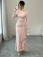 Ladies Elegant Fashion Office Commute Ladies Charm Long Sleeve Asymmetrical Neckline Pleated Slim Fit Bodysuit Collar Solid Color Textured Long Dress Directed - Pink