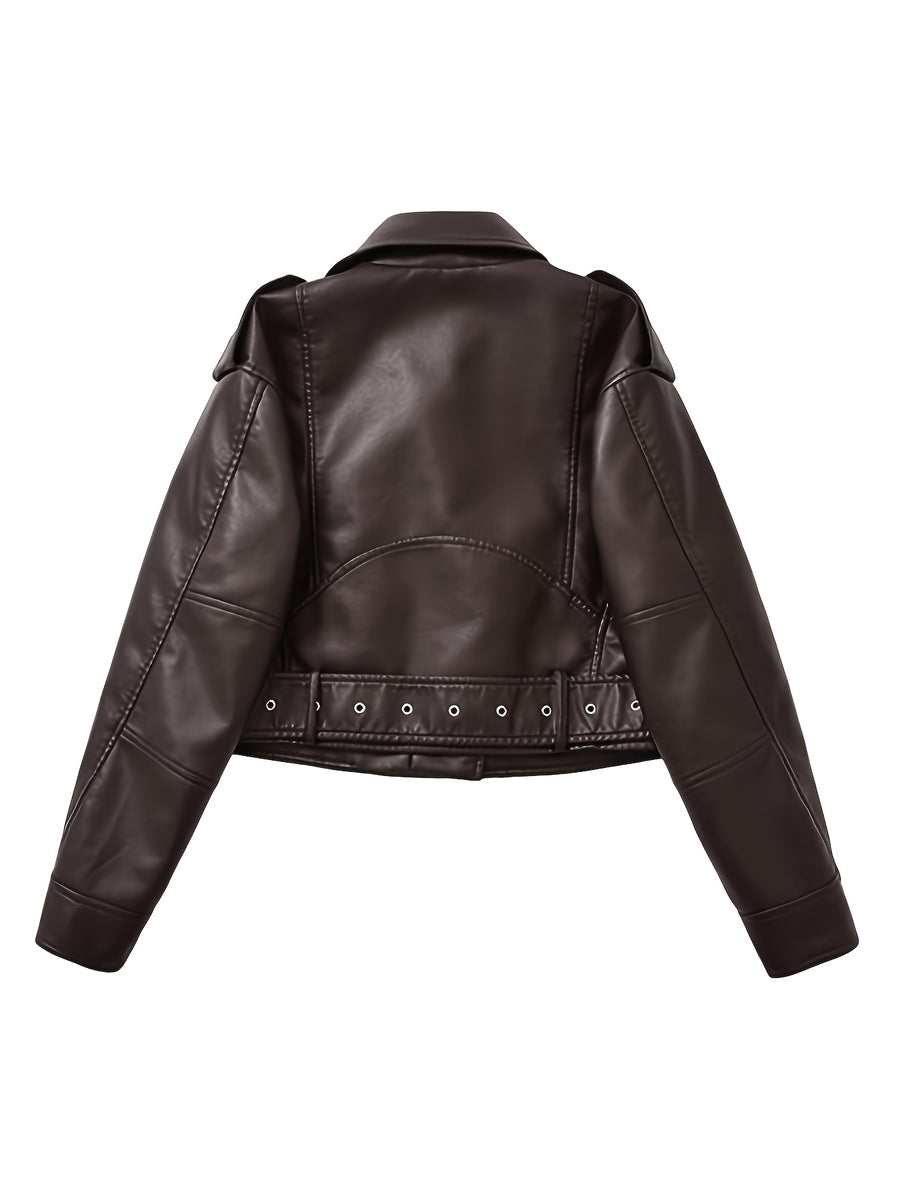 2025 Short Faux Leather Jacket Spring Autumn American Retro Temperament Biker Jacket Top Women'S Clothing - Dark Brown