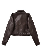 2025 Short Faux Leather Jacket Spring Autumn American Retro Temperament Biker Jacket Top Women'S Clothing - Dark Brown
