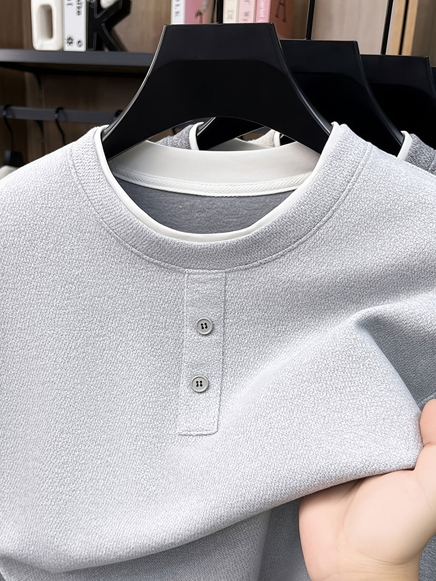 Men's Henry Collar 2-in-1 Look Knit Sweater, Simple Old Money Style, Suitable for Both Business and Casual Wear, Pairs Well with Dress Pants, Casual Pants, and Jeans - SINBOS - Light Grey