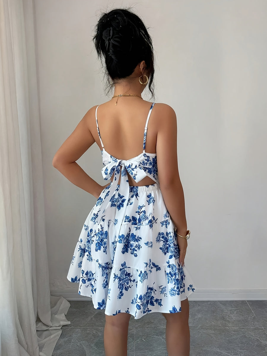 Women'S Summer Casual Floral Print Sexy Backless Tie-Up Long Dress - Mixed colors