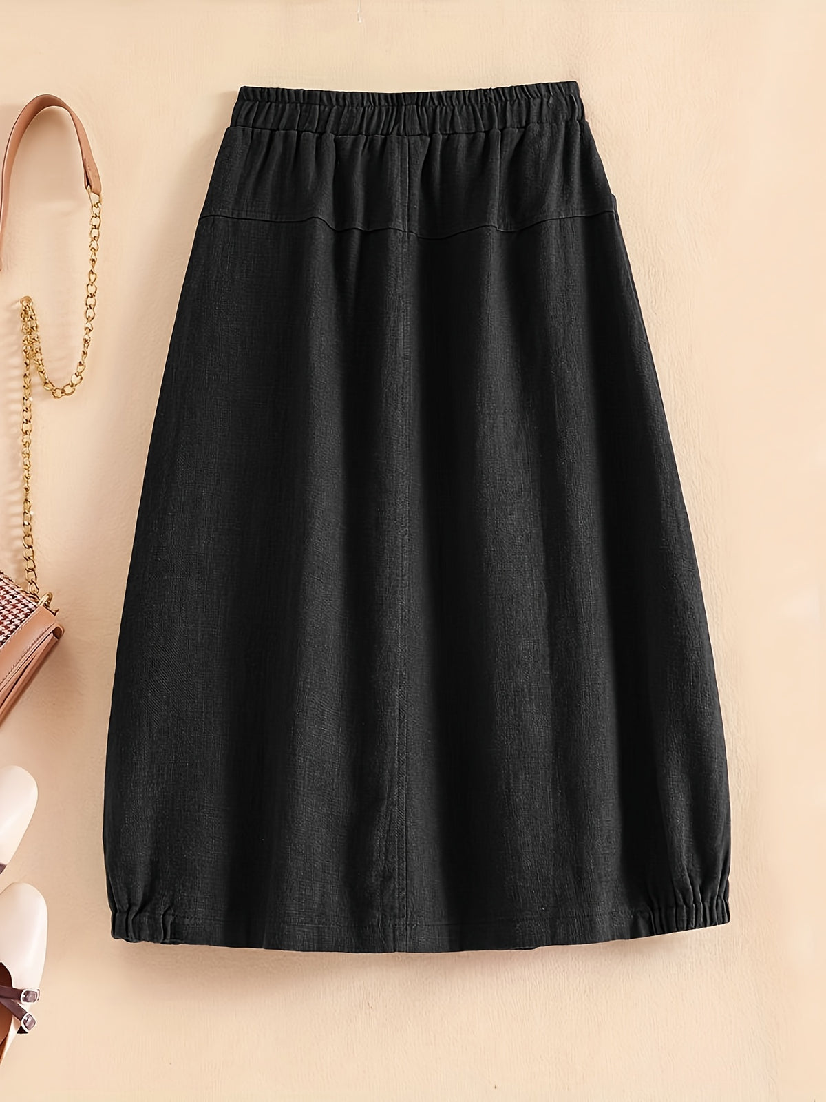 New Spring Summer Autumn Thin Korean Style Linen Loose Half Skirt with Pockets, Elastic Waist Linen Dress, Mid-Length Lantern Hem Women'S Skirt - Black
