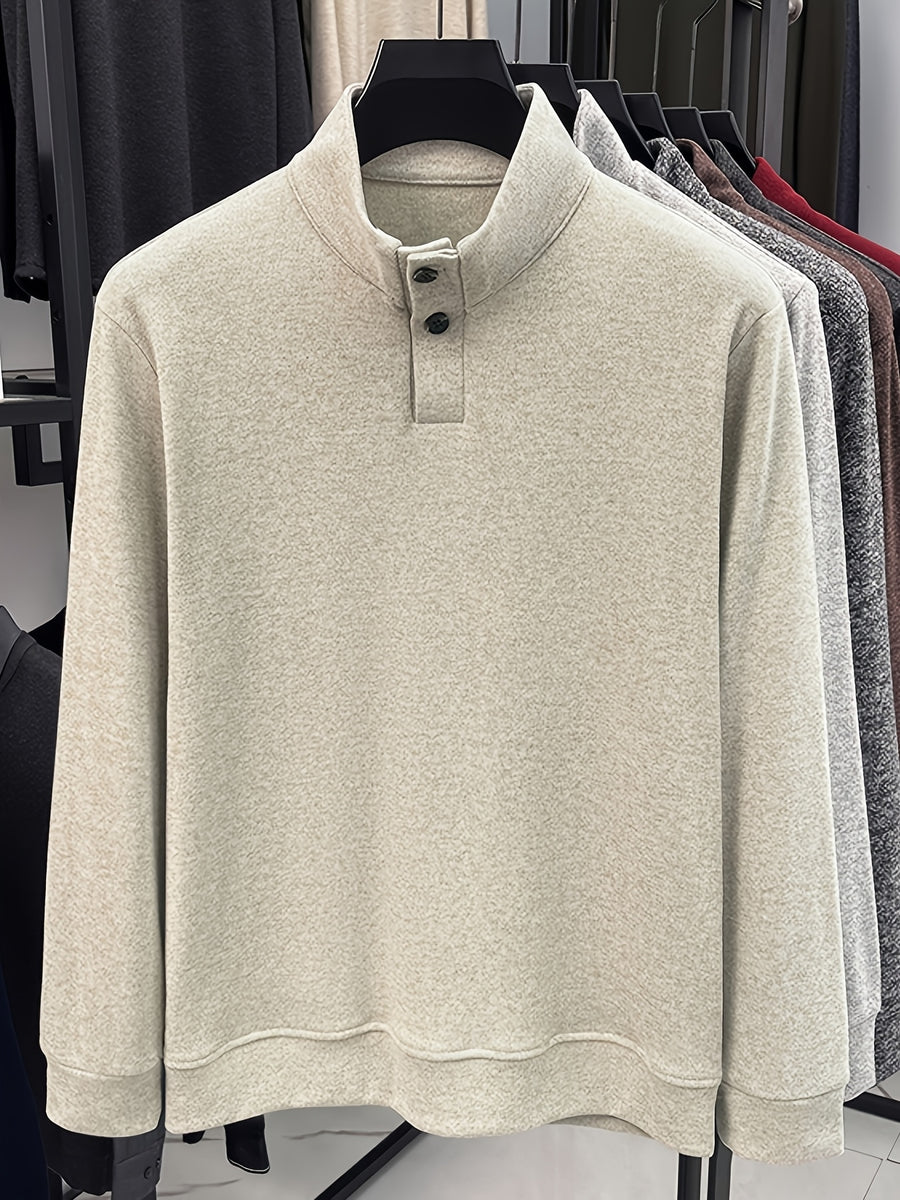 Men's Floral Yarn Stand Collar Long Sleeve Top, Multi-Color Options for Autumn, Half-Button Pullover Base Layer, Fine, Skin-Friendly, and Comfortable Fabric, Suitable for Business Commuting and Business Trips, Loose and Casual Men's Wear for Fishing - Light Oats