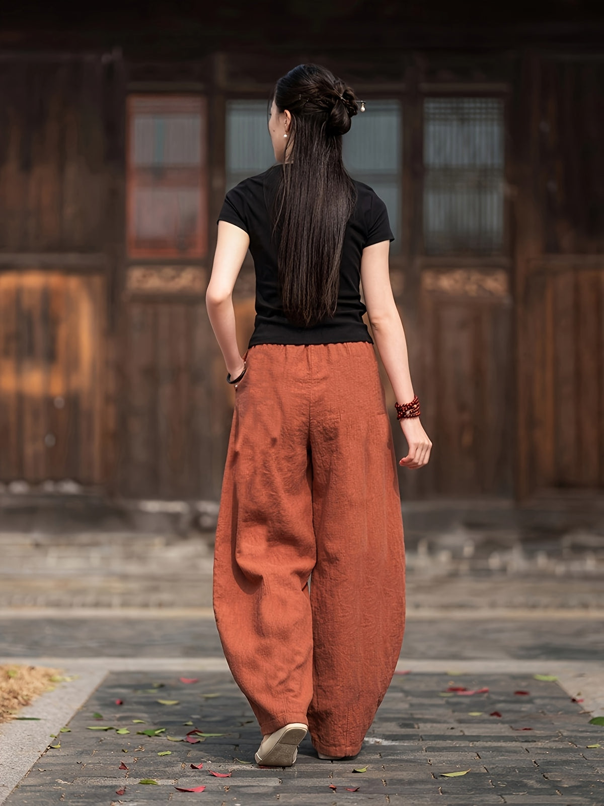 Elegant Solid Color Wide-Leg Pants for Women, Casual Loose Trousers Suitable for Work And Outings - Brick Red