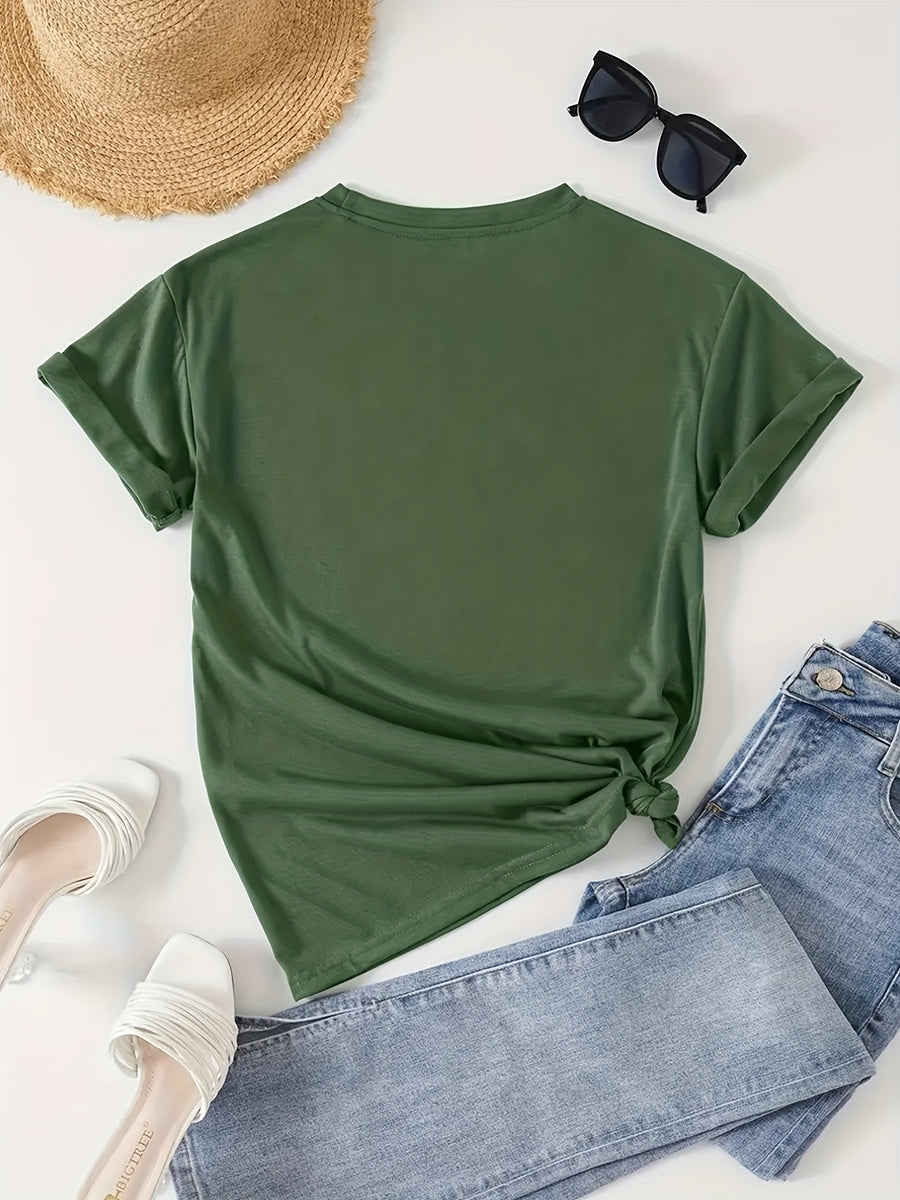Women's High-Elastic Blouse T-Shirt Suitable for Café Visits, Picnic & Home Wear - Minimalist Smiling Face Print Round Neck Top, Machine Washable Non- Shirt for - Casual Outfits (Age-Reducing Versatile Wardrobe Staple) - Military Green