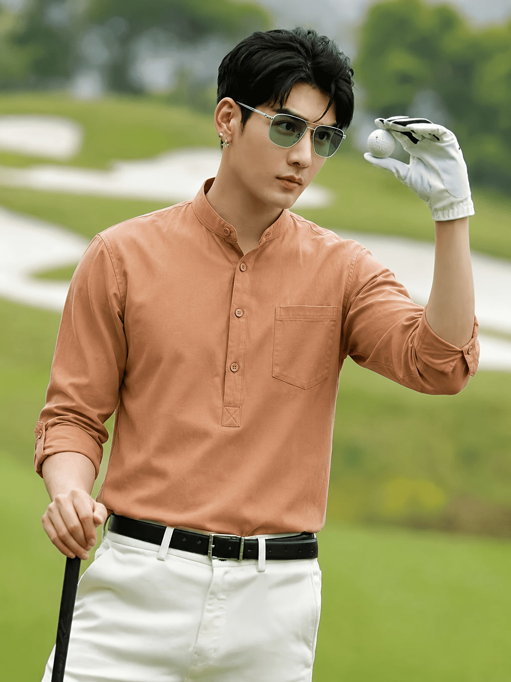 Men'S New Half-Button Shirt - Golf & Everyday Wear | Roll-Up Sleeves, Short Placket with Chest Pocket | Wrinkle-Free, Shape Retention - Swing Free, Fairway to Clubhouse | Solid Tone, Easy-Match, All-Season Layering Or Solo - Brown