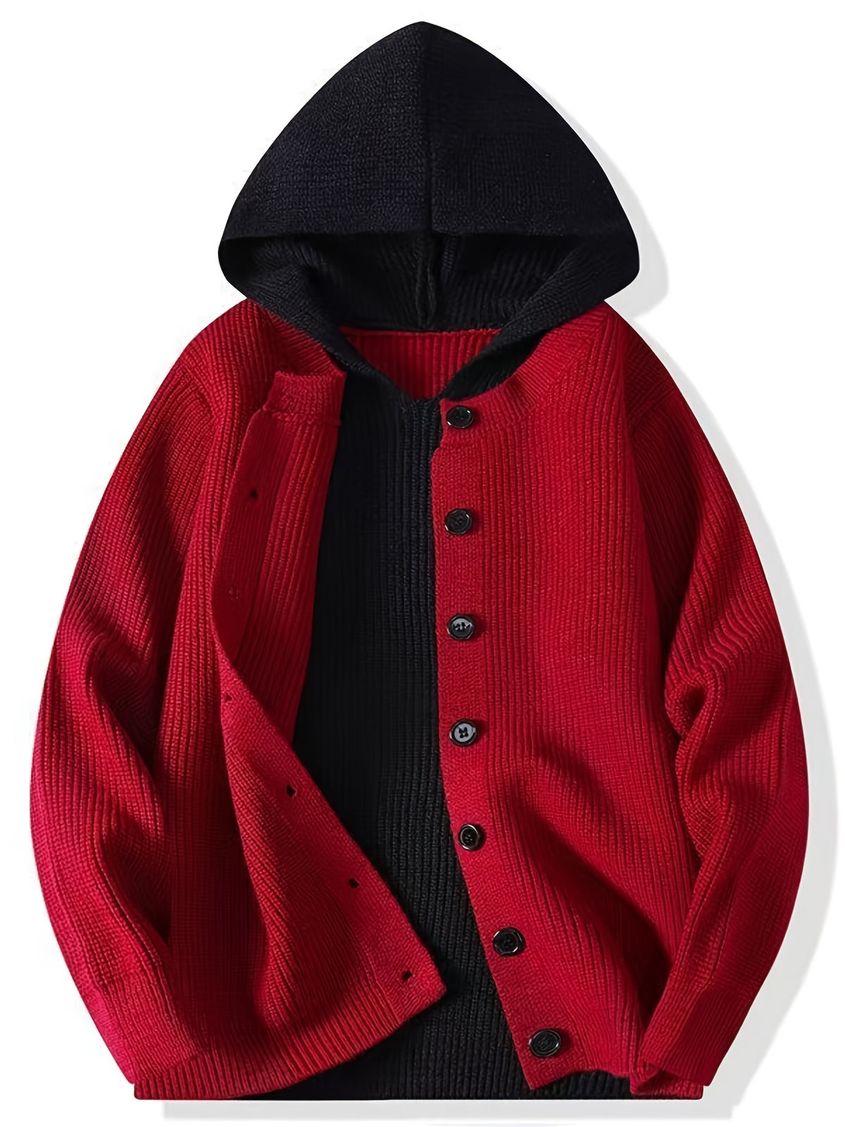 Christmas, Thanksgiving, New Year's Eve, Men's 2-in-1 Look Color Block Hooded Cardigan, Acrylic Blend, Available in Black, Red, Gray, Multiple Colors, Sweatshirt + Cardigan Design, Two-Way Styling in One Top, New Autumn/Winter Men's Regular - Red