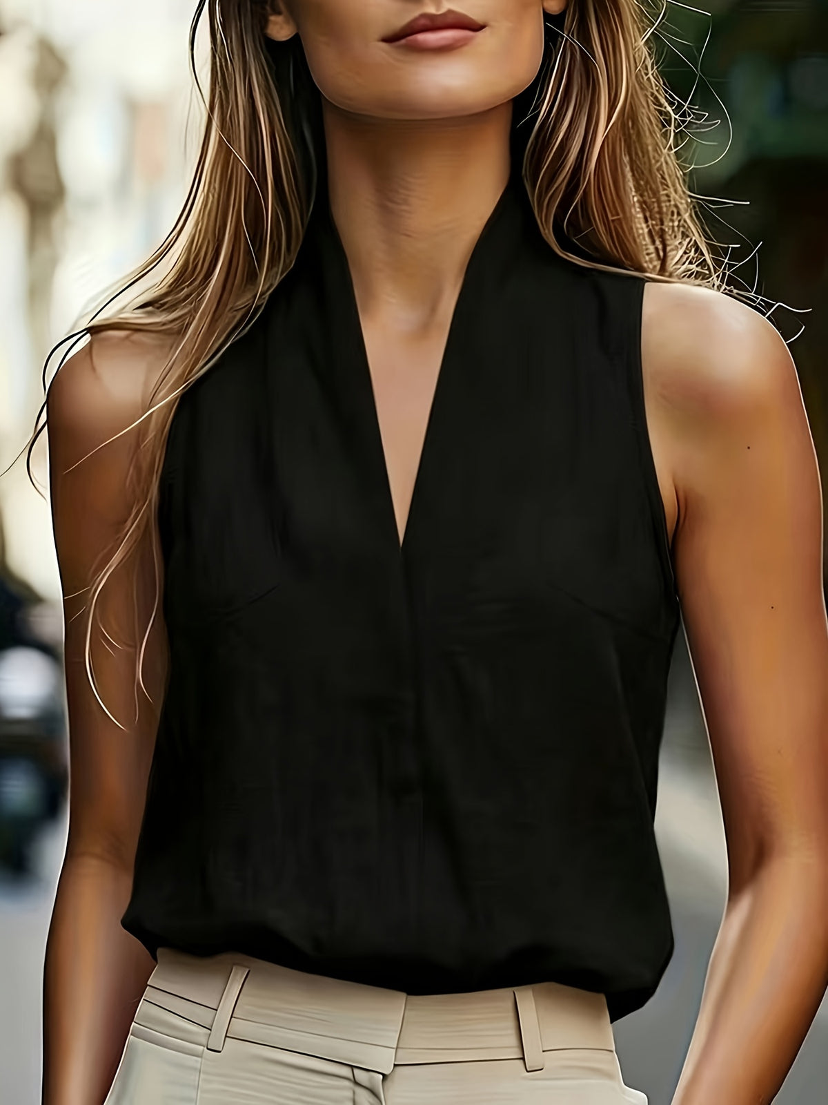 Summer Women'S New Fashion Commute Solid Color Versatile Easy Halter Off-Shoulder V-Neck Vest Blouse - Black