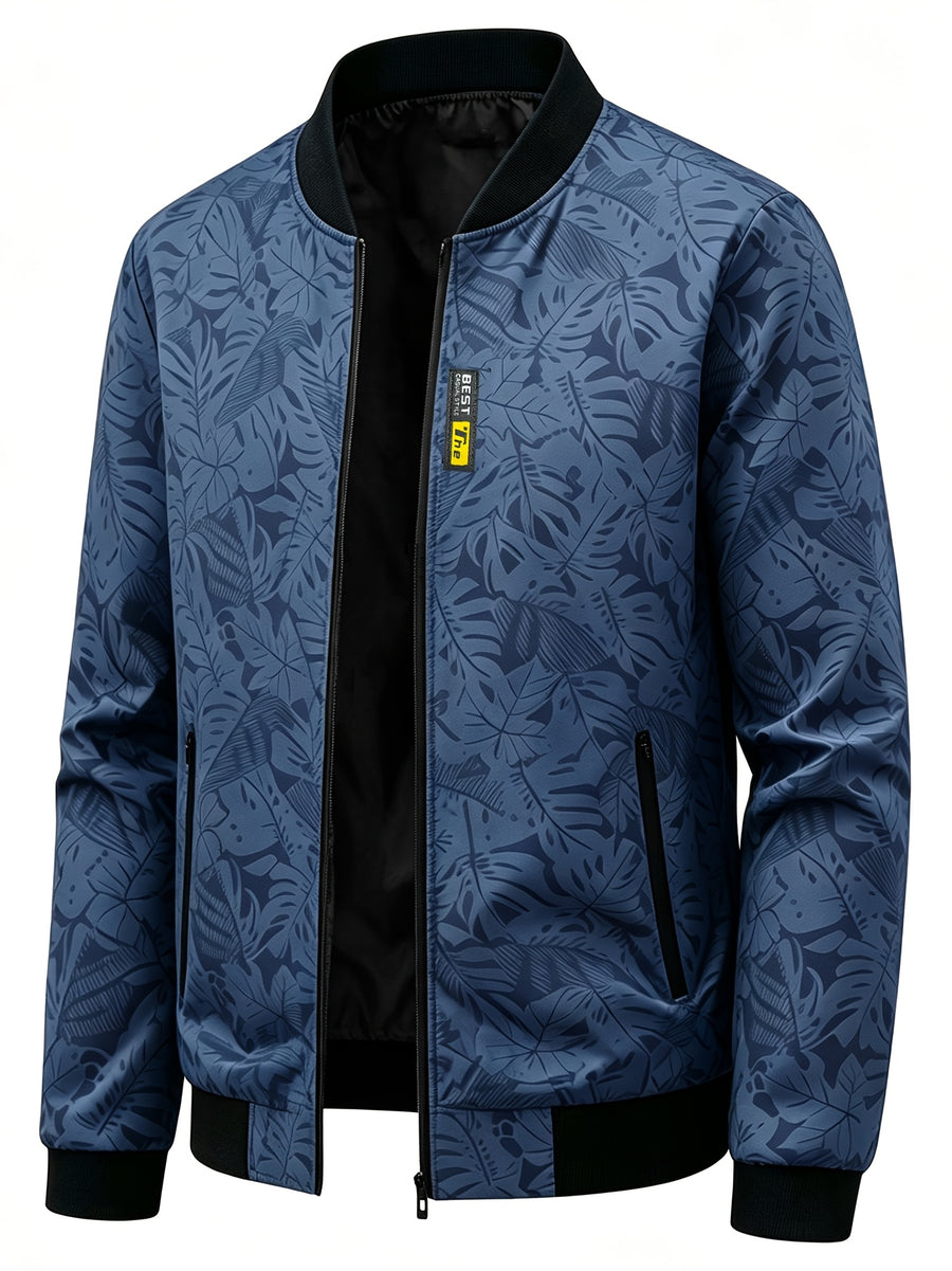Men's Baseball Collar Print Casual Jacket, Outdoor Windproof Coat with Zipper Pockets Warm Soft Jacket - Fog Blue