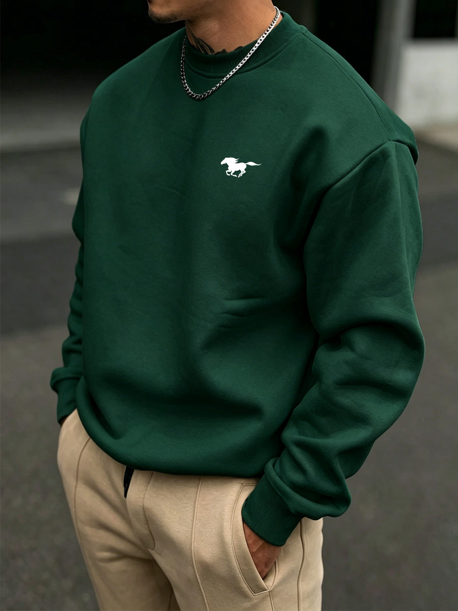 Men's Basic Crew Neck Sweatshirt with Small Galloping Horse Print on Left Chest, Casual Long Sleeve Top, Loose Fit, Versatile Solid Color Pullover Sport Sweatshirt (2) - Green