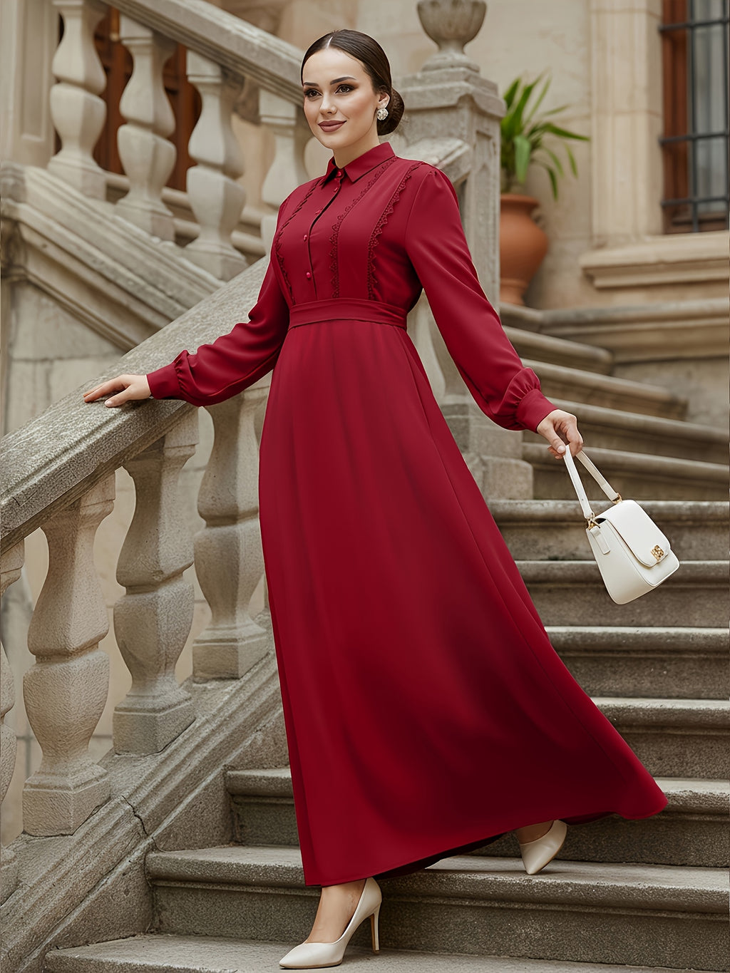 Middle Eastern Muslim Women's Elegant Solid Color Lapel Lace Patchwork Front Button Tie-Up A-Line Abaya Robe - Burgundy