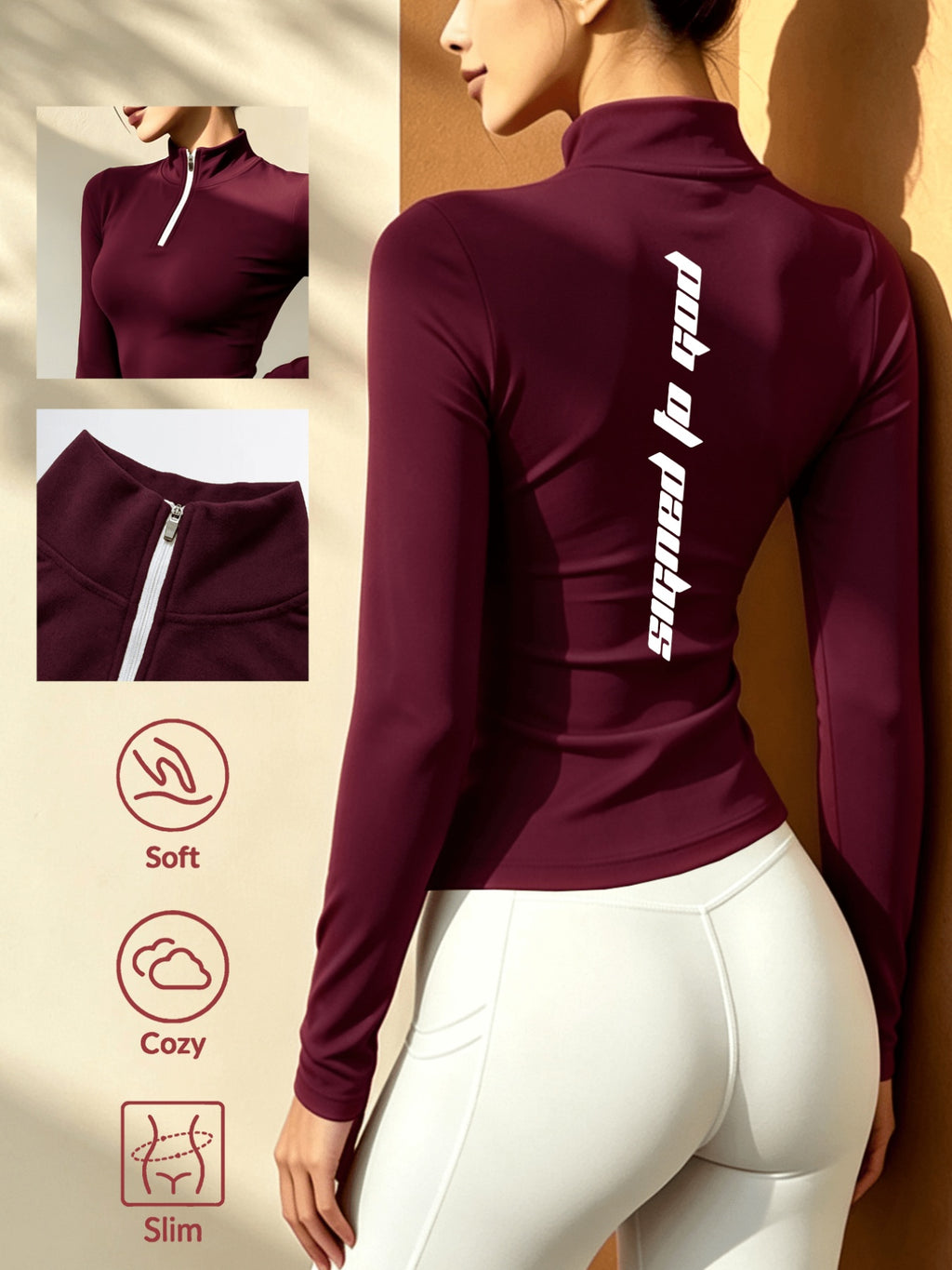 Women's Soft Zip-Up Base Layer Top, Ideal for Cycling,, and Activities During the Cold Autumn and Winter Seasons - Burgundy