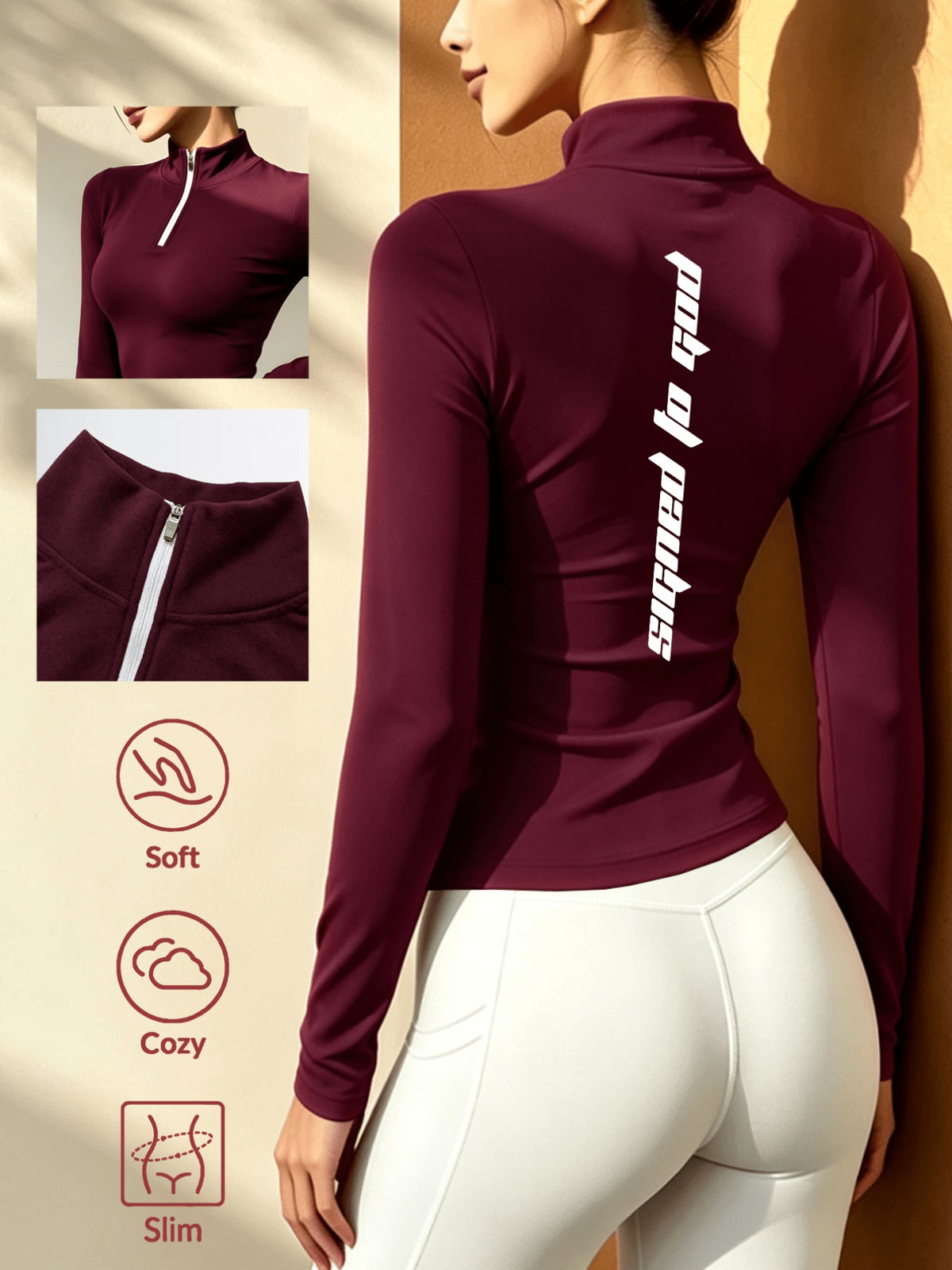 Women's Soft Zip-Up Base Layer Top, Ideal for Cycling,, and Activities During the Cold Autumn and Winter Seasons - Burgundy