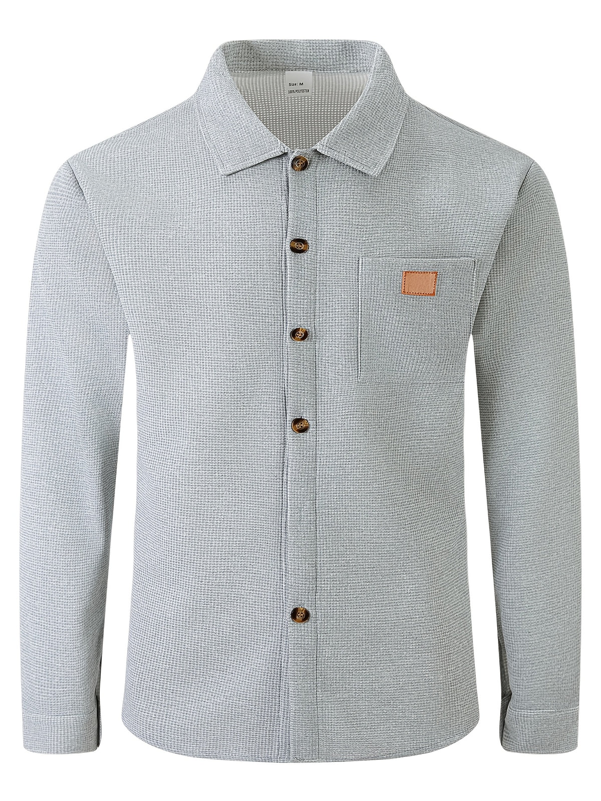 Men Fall Winter Waffle Knit Shacket, Long Sleeve Button Up Collared Shirt Jacket with Pocket, Casual Overshirt Outer Coat, Solid, Comfortable, Loose Fit - Grey