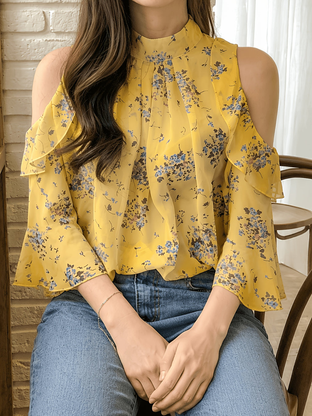 Spring Summer New Women'S Fashion Floral Fresh Style Off-Shoulder Long Sleeve Top - Yellow