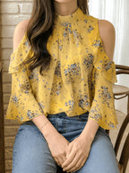 Spring Summer New Women'S Fashion Floral Fresh Style Off-Shoulder Long Sleeve Top - Yellow