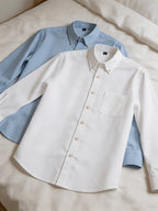 1+1 2pcs Classic Men's Oxford Plain Color Shirt, Long Sleeve Spring/Autumn Pocket Lapel Shirt for Casual Daily Outings - White+Light Blue