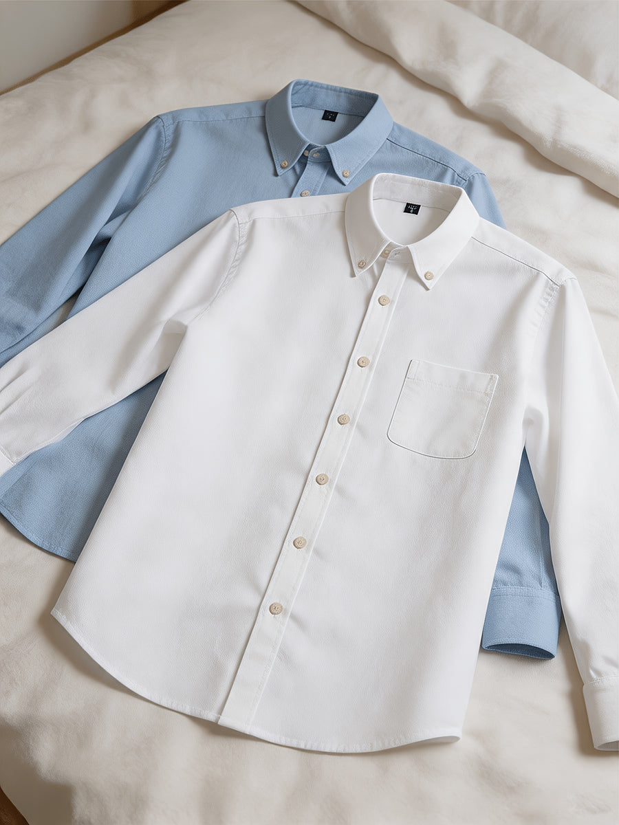 1+1 2pcs Classic Men's Oxford Plain Color Shirt, Long Sleeve Spring/Autumn Pocket Lapel Shirt for Casual Daily Outings - White+Light Blue