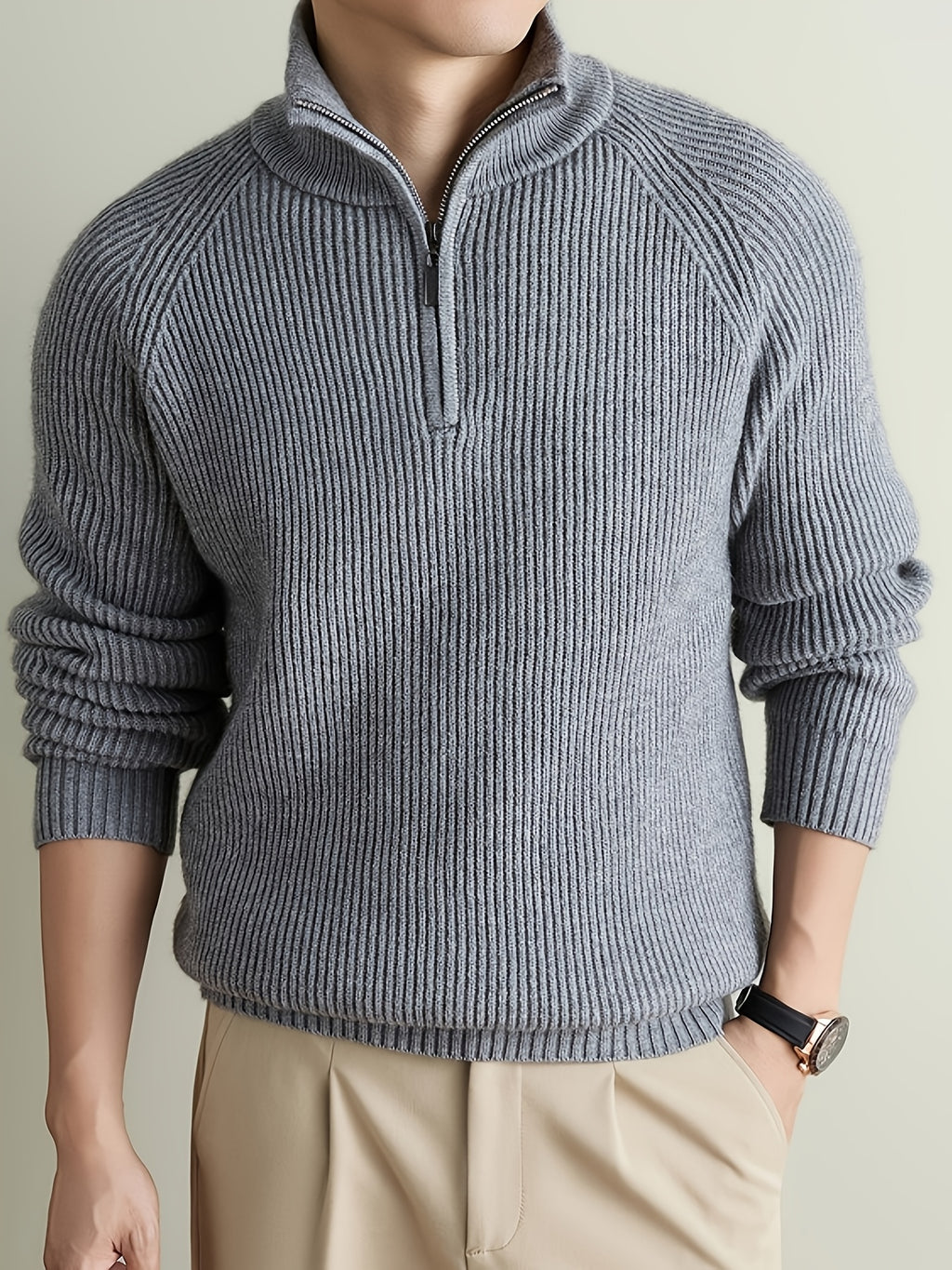 Men's Solid Gray Half-Zip Sweater with Stand Collar & Raglan Sleeves - Warm Winter Knit Pullover, Loose Fit Vertical Rib Texture Suitable for Casual and Light Business Wear, Machine Washable Fall/Winter Sweater - Grey