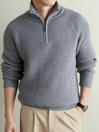 Men's Solid Gray Half-Zip Sweater with Stand Collar & Raglan Sleeves - Warm Winter Knit Pullover, Loose Fit Vertical Rib Texture Suitable for Casual and Light Business Wear, Machine Washable Fall/Winter Sweater - Grey