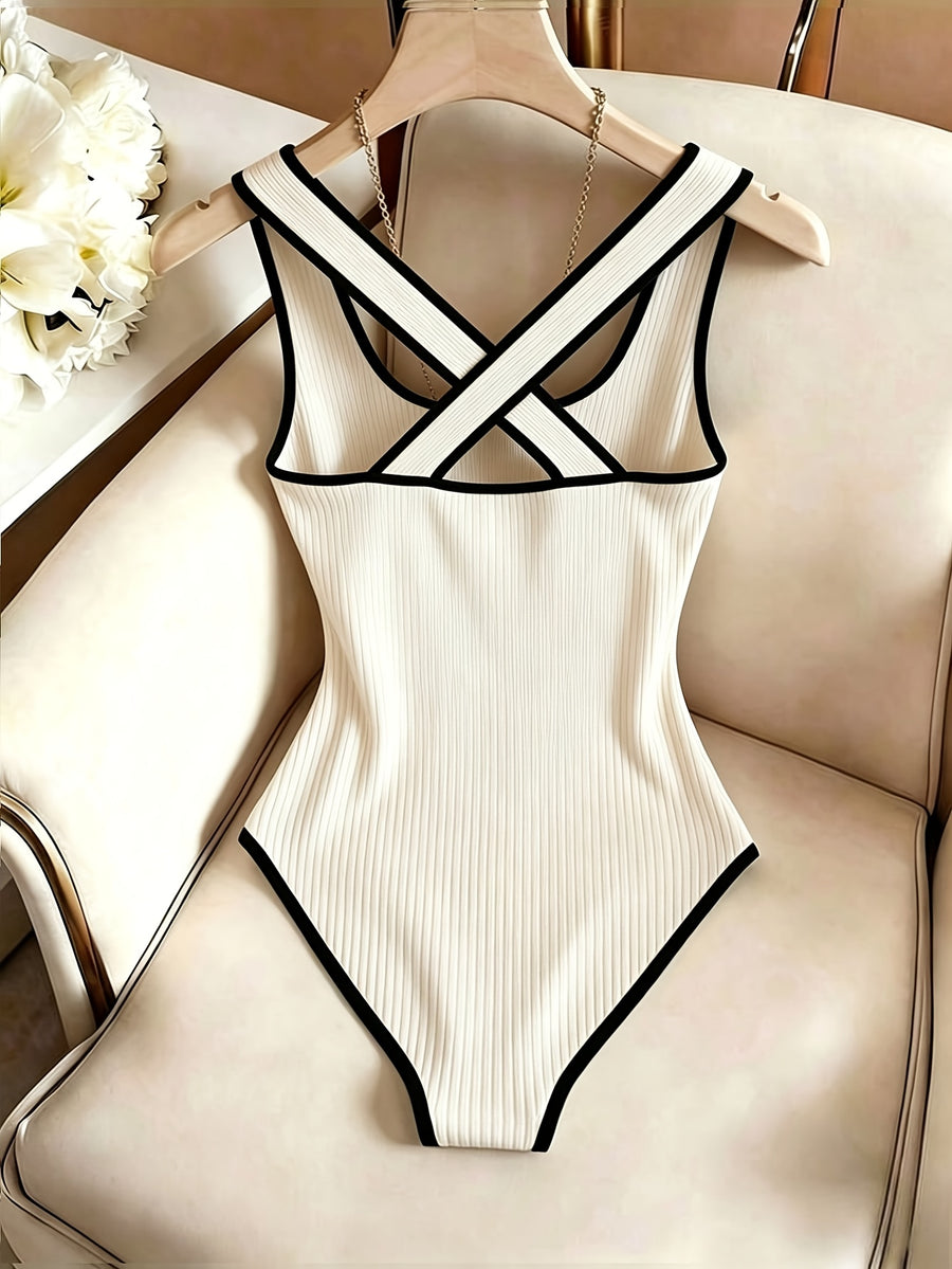 Contouring Black Trim Contrast Ribbed Stretch Women'S Elegant Tight Top Without Additions - Apricot