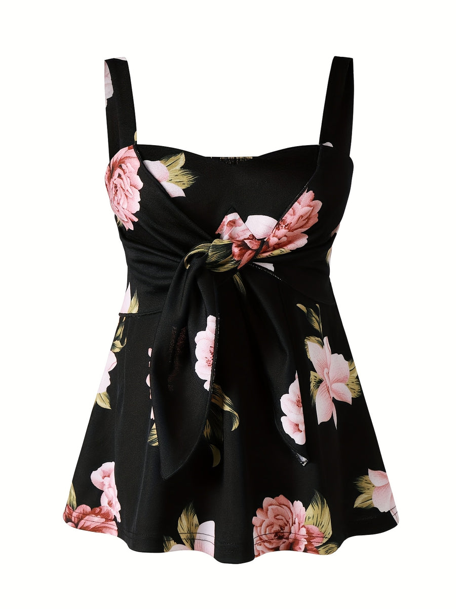 Elegant Print Elastic Suspender Tie Bow Vest Top - Black