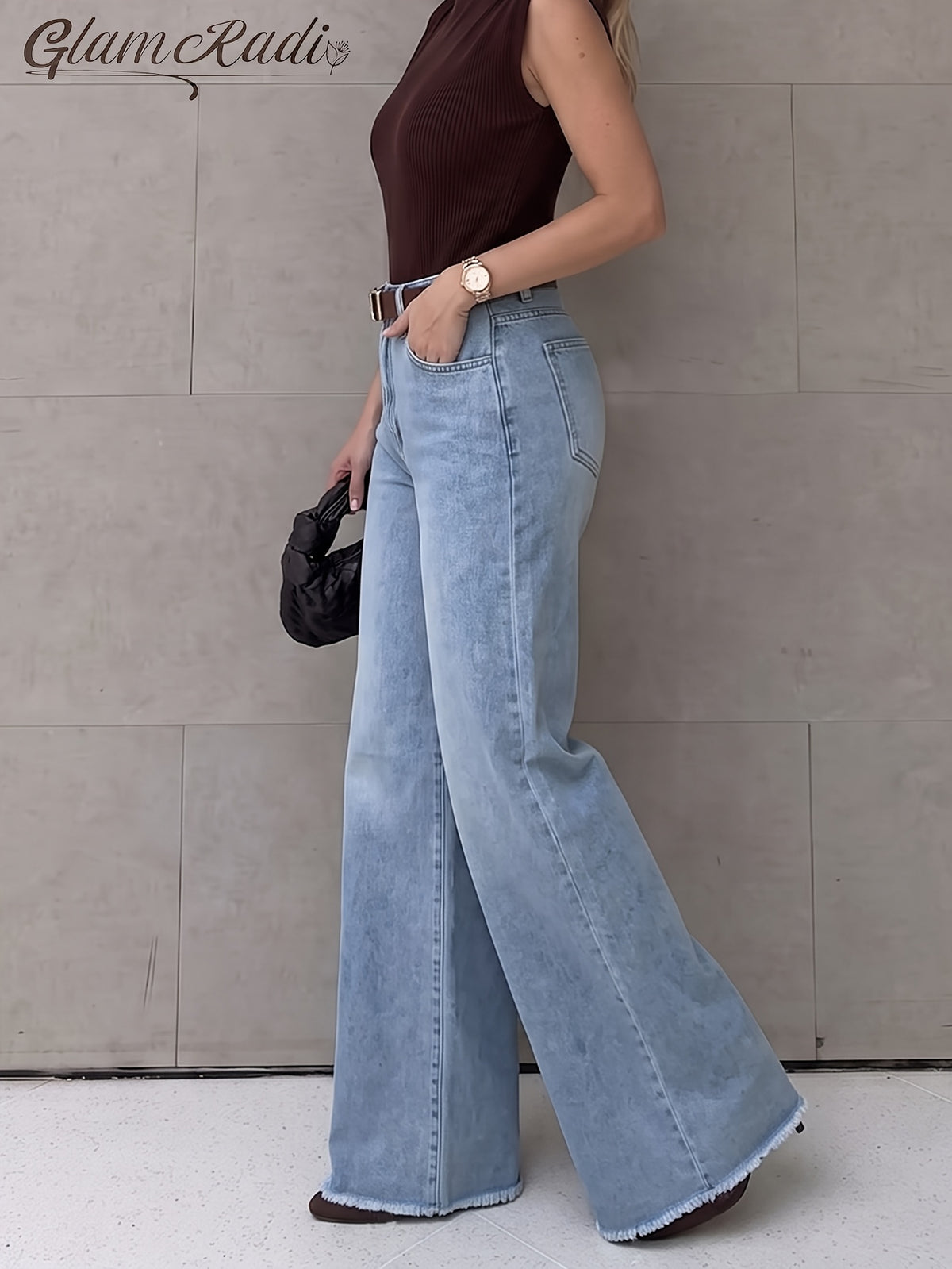 New Women's High-Waist Light Blue Washed Wide-Leg Jeans, Frayed Hem with Stretch Fabric, Loose, Soft and Comfortable Fit. Great for Shopping, Parties, Daily Commutes, Vacations, Festivals and Other Outdoor Occasions, Wearable All Year Round. - Light Blue