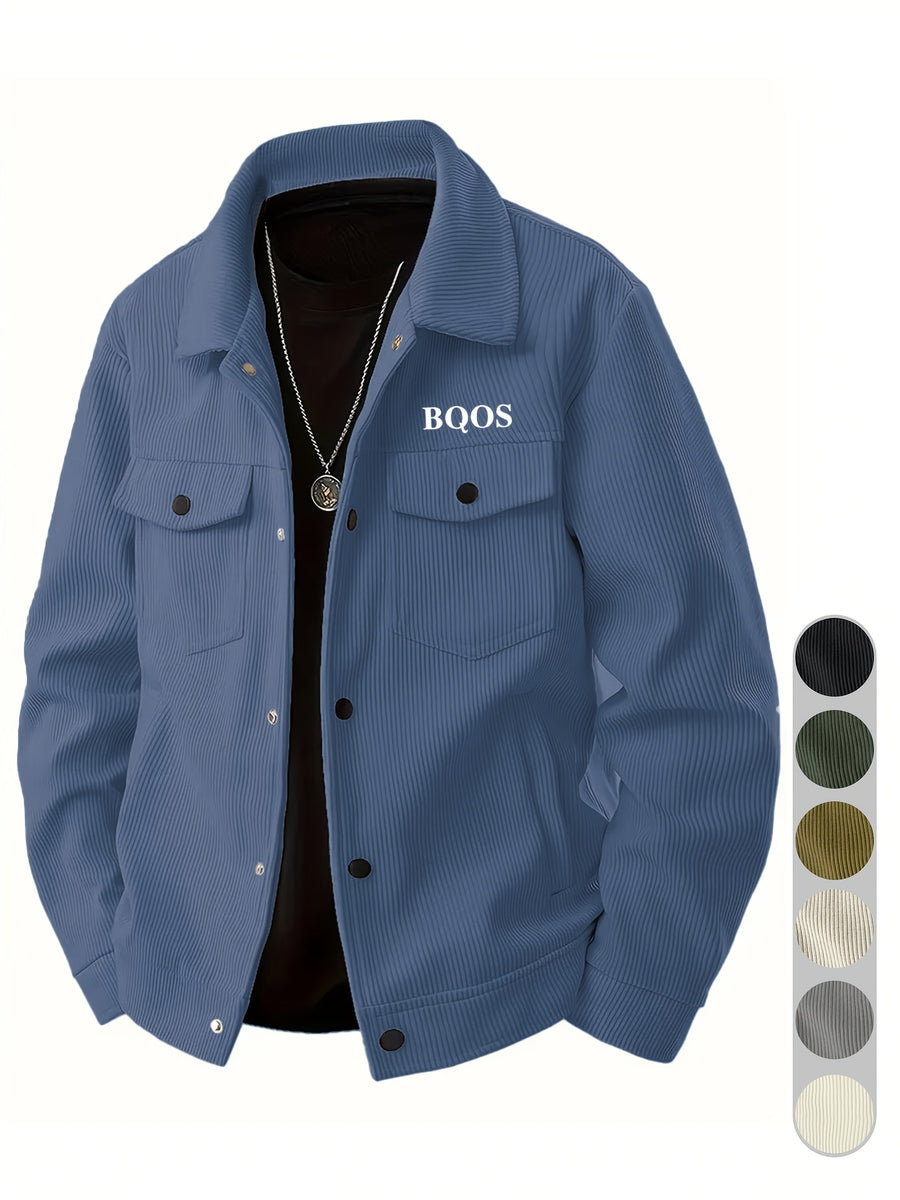 Men's American-style Corduroy Casual Jacket, Simple Casual Style, Lapel Collar, Single-Breasted with Multiple Pockets, Letter Embellishment, Comfortable Draping Fabric, Versatile Men's Apparel for Office Workers' Commuting and Outings in Spring - Haze Blue