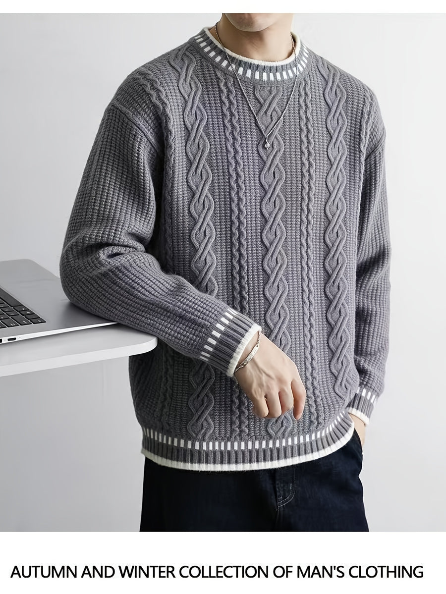 Black Friday, Christmas, Thanksgiving Pre-Heat, Men's Acrylic Blend Five-Color Options, Cable Knit, Contrast Stripe Ribbed Crew Neck Pullover Sweater with Contrast Stripes at Neckline, Cuffs, and Hem, Vintage Casual Daily Wear for Autumn/Winter - Grey