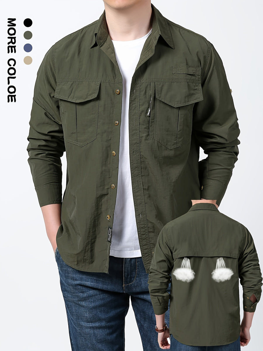 2025 Spring New Outdoor Fishing Long Sleeve Shirt Thin Multi-pocket Men's Workwear Shirt - Olive Green