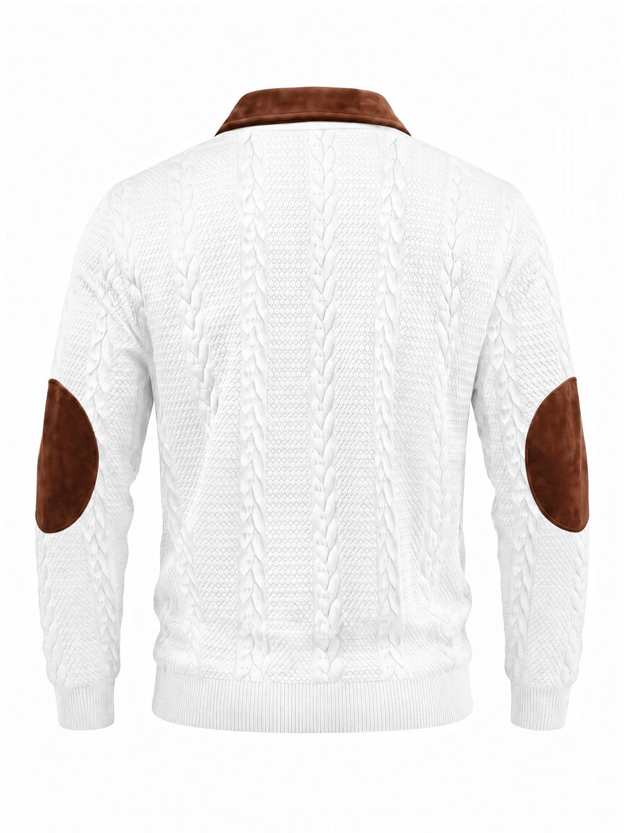 New Men's Autumn/Winter Brushed Ribbed Cable Knit Casual Color-Block Jacquard Long Sleeve Patchwork Plush Sport Henley High-Neck Top - White